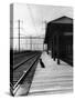 Dog Waiting at Empty Railroad Platform-null-Stretched Canvas