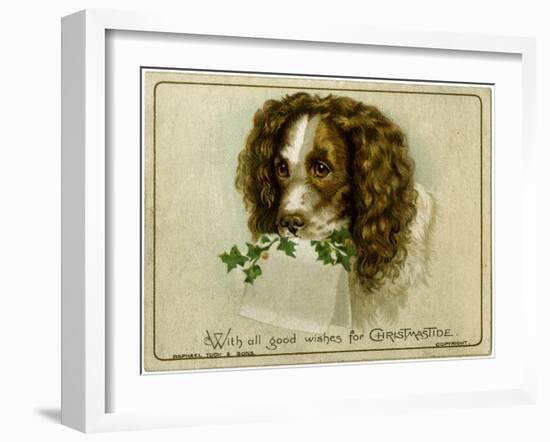 Dog with Card and Holly-null-Framed Art Print