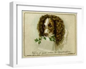 Dog with Card and Holly-null-Framed Art Print