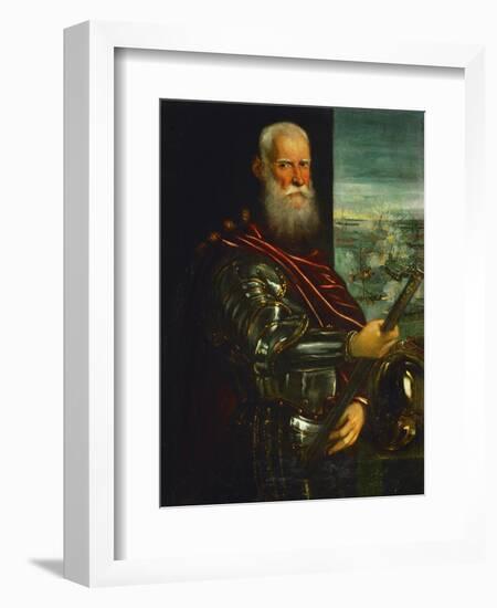 Doge Sebastiano Venier, with the Sea-Battle of Lepanto Against the Turks in the Background-Jacopo Robusti Tintoretto-Framed Giclee Print