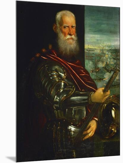 Doge Sebastiano Venier, with the Sea-Battle of Lepanto Against the Turks in the Background-Jacopo Robusti Tintoretto-Mounted Giclee Print