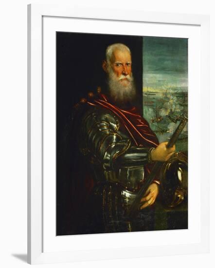 Doge Sebastiano Venier, with the Sea-Battle of Lepanto Against the Turks in the Background-Jacopo Robusti Tintoretto-Framed Giclee Print