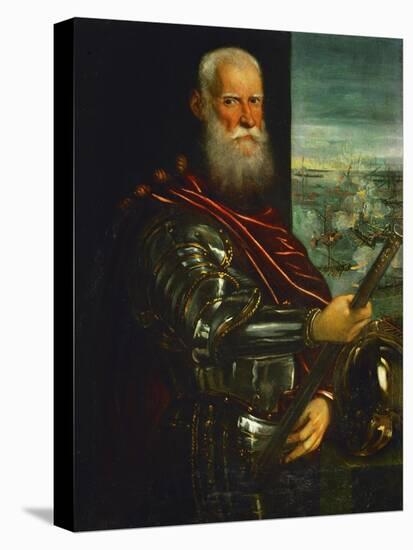 Doge Sebastiano Venier, with the Sea-Battle of Lepanto Against the Turks in the Background-Jacopo Robusti Tintoretto-Stretched Canvas