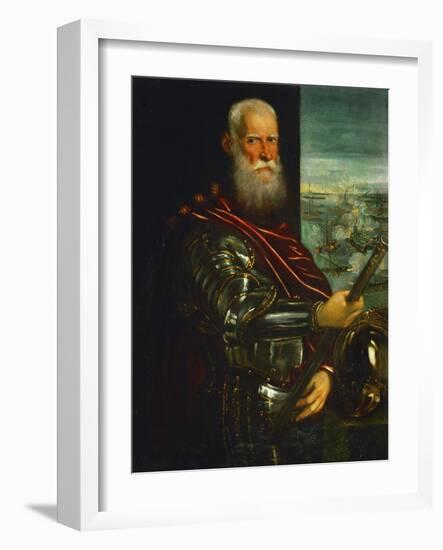 Doge Sebastiano Venier, with the Sea-Battle of Lepanto Against the Turks in the Background-Jacopo Robusti Tintoretto-Framed Giclee Print
