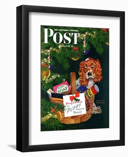 "Doggy Basket," Saturday Evening Post Cover, December 19, 1942-Charles Kaiser-Framed Premium Giclee Print