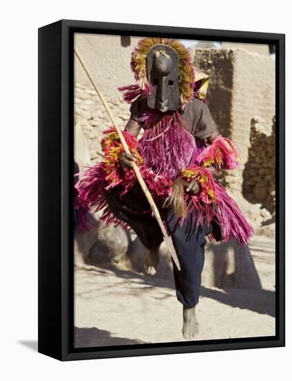 Dogon Country, Tereli, A Masked Dancer Leaps High in the Air at the Dogon Village of Tereli, Mali-Nigel Pavitt-Framed Stretched Canvas