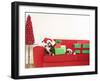 Dogs and Christmas gifts on sofa-null-Framed Premium Photographic Print