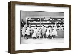Dogs Dressed as Women at Exchange Desk-null-Framed Photographic Print