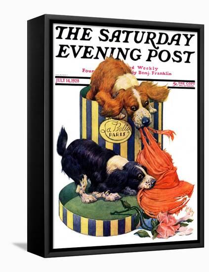 "Dogs Eating Hat," Saturday Evening Post Cover, July 14, 1928-Robert L. Dickey-Framed Stretched Canvas