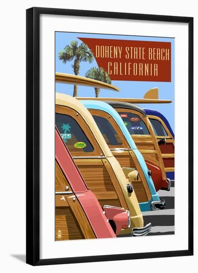 Doheny State Beach, California - Woodies Lined Up-Lantern Press-Framed Art Print