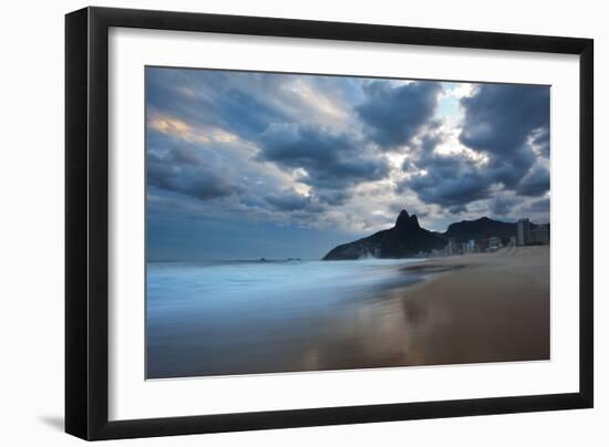 Dois Irmaos Peaks in the Distance on Ipanema Beach at Sunset-Alex Saberi-Framed Premium Photographic Print