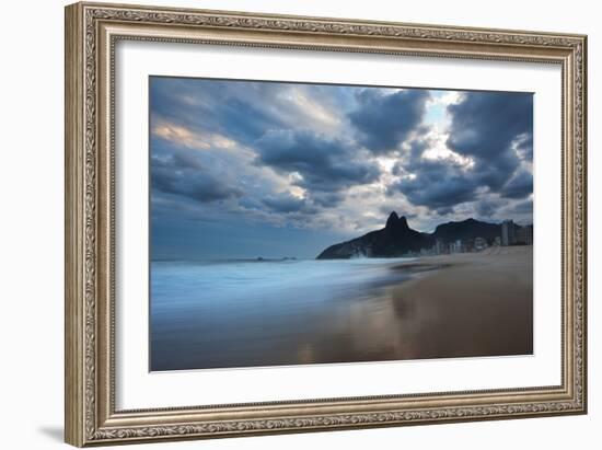 Dois Irmaos Peaks in the Distance on Ipanema Beach at Sunset-Alex Saberi-Framed Photographic Print