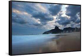 Dois Irmaos Peaks in the Distance on Ipanema Beach at Sunset-Alex Saberi-Framed Stretched Canvas