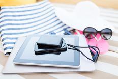 Beach, Summer, Vacation and Technology Concept - close up of Tablet Pc Computer, Smartphone, Camera-dolgachov-Photographic Print