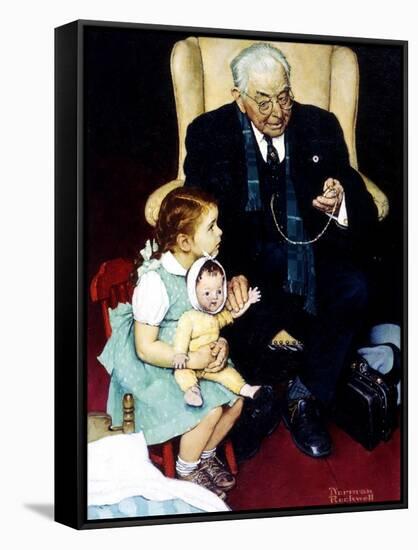 Doll Checkup (or Doll Pretending to Check up Doll)-Norman Rockwell-Framed Stretched Canvas