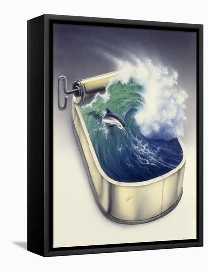 Dolphin in Wave-Harro Maass-Framed Stretched Canvas