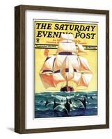 "Dolphins and Ship," Saturday Evening Post Cover, September 29, 1934-Gordon Grant-Framed Giclee Print