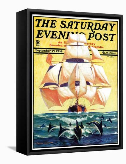 "Dolphins and Ship," Saturday Evening Post Cover, September 29, 1934-Gordon Grant-Framed Stretched Canvas