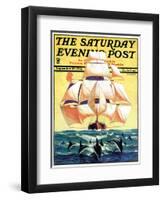 "Dolphins and Ship," Saturday Evening Post Cover, September 29, 1934-Gordon Grant-Framed Premium Giclee Print