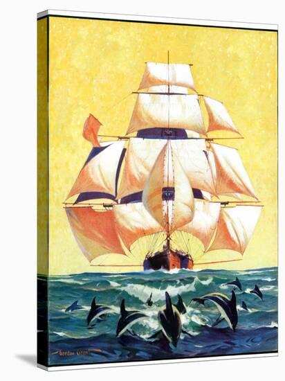 "Dolphins and Ship,"September 29, 1934-Gordon Grant-Stretched Canvas