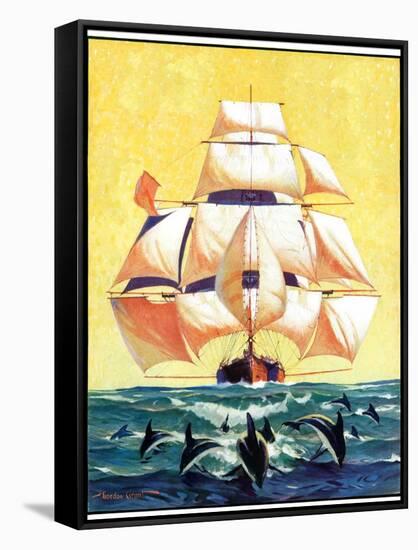 "Dolphins and Ship,"September 29, 1934-Gordon Grant-Framed Stretched Canvas