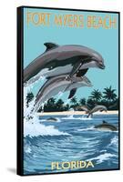 Dolphins Jumping - Fort Myers Beach, Florida-Lantern Press-Framed Stretched Canvas