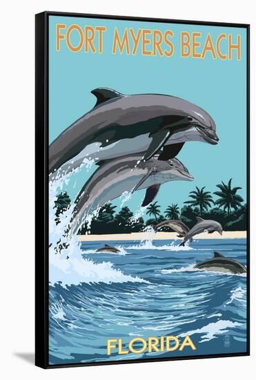 Dolphins Jumping - Fort Myers Beach, Florida-Lantern Press-Framed Stretched Canvas