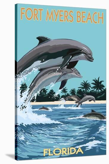 Dolphins Jumping - Fort Myers Beach, Florida-Lantern Press-Stretched Canvas