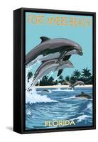 Dolphins Jumping - Fort Myers Beach, Florida-Lantern Press-Framed Stretched Canvas