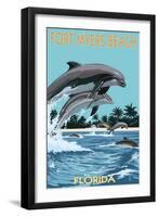 Dolphins Jumping - Fort Myers Beach, Florida-Lantern Press-Framed Art Print