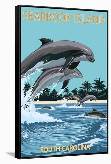 Dolphins Jumping - Seabrook Island, South Carolina-Lantern Press-Framed Stretched Canvas