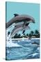 Dolphins Jumping-Lantern Press-Stretched Canvas