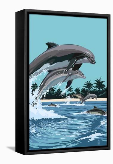 Dolphins Jumping-Lantern Press-Framed Stretched Canvas