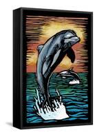 Dolphins - Scratchboard-Lantern Press-Framed Stretched Canvas