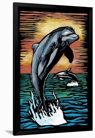 Dolphins - Scratchboard-Lantern Press-Framed Art Print