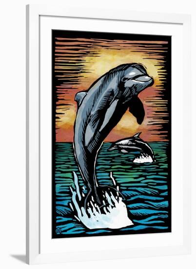 Dolphins - Scratchboard-Lantern Press-Framed Art Print