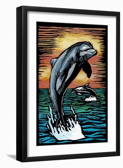 Dolphins - Scratchboard-Lantern Press-Framed Art Print