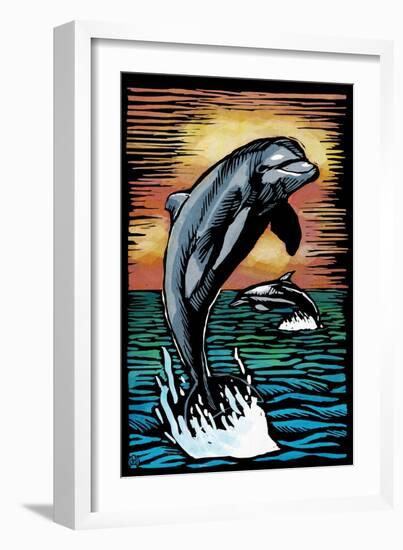 Dolphins - Scratchboard-Lantern Press-Framed Art Print