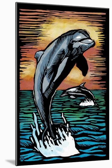 Dolphins - Scratchboard-Lantern Press-Mounted Art Print