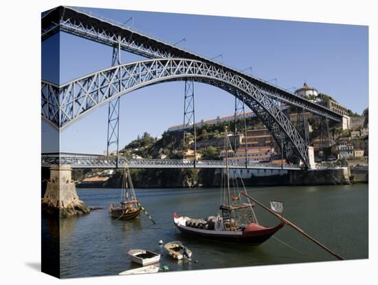 Dom Luis 1 Bridge over the River Douro, Cais De Ribeira Waterfront, Oporto, Portugal-White Gary-Stretched Canvas