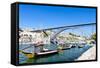 Dom Luis I Bridge and Typical Boats (Rabelos), Porto, Portugal-phbcz-Framed Stretched Canvas