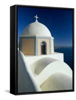 Domed Church and View out to Sea, Fira, Santorini, Greece-Lee Frost-Framed Stretched Canvas