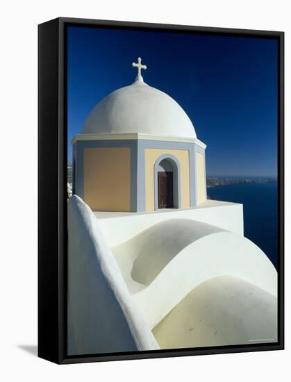 Domed Church and View out to Sea, Fira, Santorini, Greece-Lee Frost-Framed Stretched Canvas
