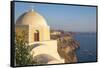 Domed church with steeple in town of Fira, Santorini, Greece.-Michele Niles-Framed Stretched Canvas