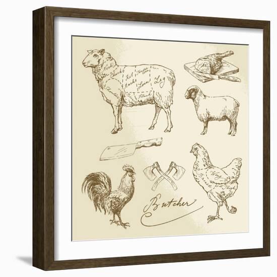 Domestic Animal Meat Diagrams - Hand Drawn Collection-canicula-Framed Art Print