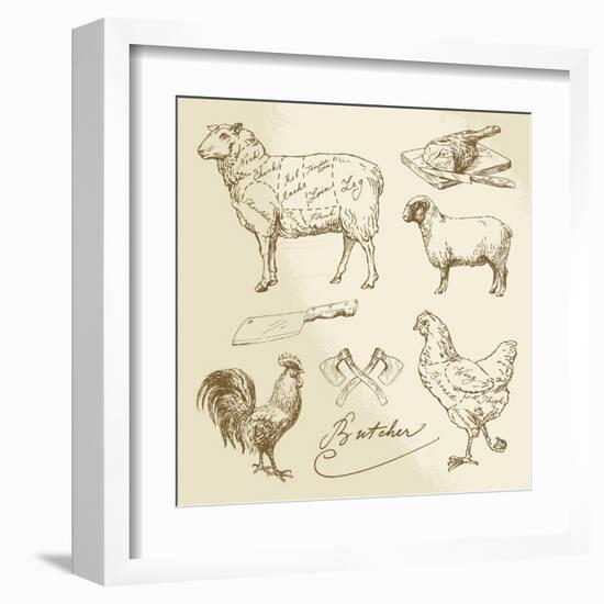 Domestic Animal Meat Diagrams - Hand Drawn Collection-canicula-Framed Art Print