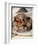 Domestic Cat, Brown Ticked Tabby Kitten, Under Blanket with Teddy Bear-Jane Burton-Framed Premium Photographic Print