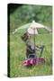 Domestic Cat, white and tabby kitten, on miniature sun lounger under umbrella in garden-Angela Hampton-Stretched Canvas