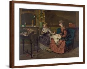 Domestic Scene with Two Girls, One Reading to Another who Sews, 1873-null-Framed Art Print