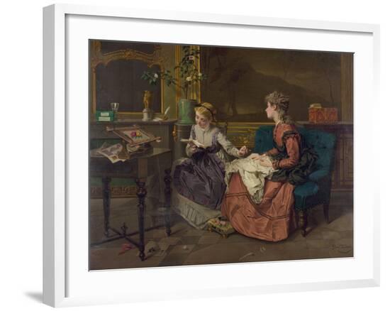 Domestic Scene with Two Girls, One Reading to Another who Sews, 1873--Framed Art Print